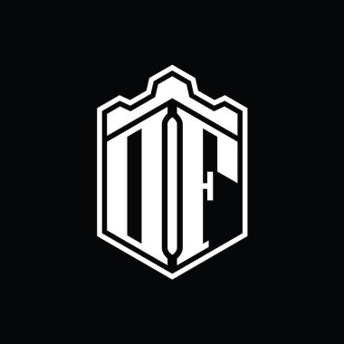 DF Harfi Logosu monogram altıgen kalkanı şeklindeki taç kale geometriği ana hatlı tasarım şablonu