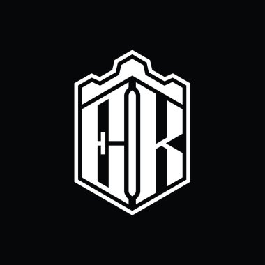 EK Harf Logosu monogram altıgen kalkan şekilli taç kale geometriği tasarım şablonu