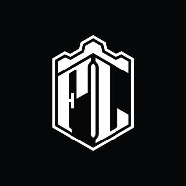 FL Harfi Logosu monogram altıgen kalkanı şeklindeki taç kale geometriği tasarım şablonu