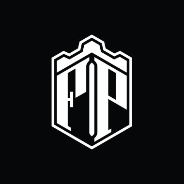 FP Harfi Logo monogramı altıgen kalkanı şeklindeki taç kale geometriği tasarım şablonu