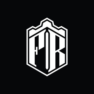 FR Letter Logo monogramı altıgen kalkanı şekilli taç kale geometriği tasarım şablonu