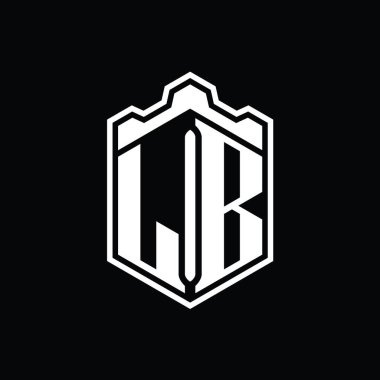 LB Harfi Logo monogramı altıgen kalkanı şeklindeki taç kale geometriği ana hatlı tasarım şablonu