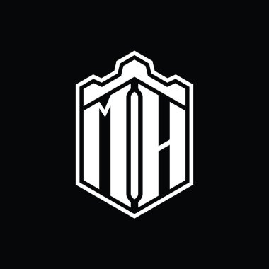 MH Harfi Logosu monogram altıgen kalkanı şeklindeki taç kale geometriği tasarım şablonu