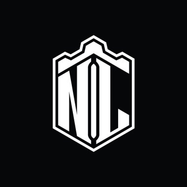 NL Harfi Logo monogramı altıgen kalkanı şeklindeki taç kale geometriği ana hatlı tasarım şablonu
