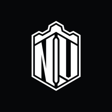 NV Harf Logosu monogram altıgen kalkan şeklindeki taç kale geometriği tasarım şablonu