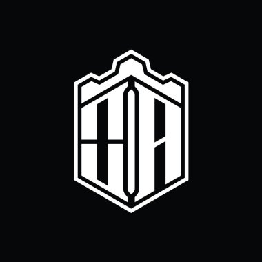 OA Harf Logosu monogram altıgen kalkan şeklindeki taç kale geometriği ana hatlı tasarım şablonu