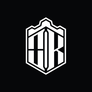 Tamam Harf Logosu monogram altıgen kalkan şekilli taç kale geometriği ana hatlı tasarım şablonu