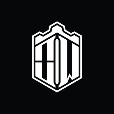 OW Harf Logosu monogram altıgen kalkan şekilli taç kale geometriği tasarım şablonu