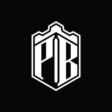 PB Harfi Logo monogramı altıgen kalkanı şeklindeki taç kale geometriği ana hatlı tasarım şablonu