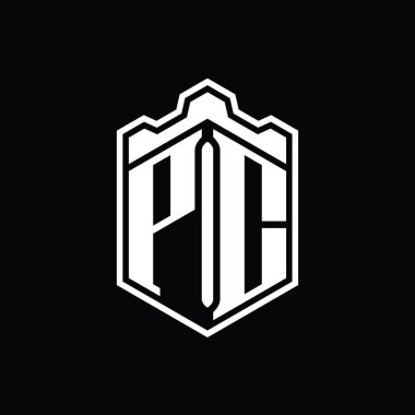 PC Harf Logosu monogram altıgen kalkanı şekilli taç kale geometriği tasarım şablonu