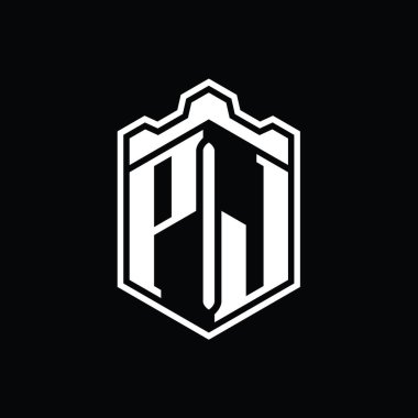 PJ Harf Logosu monogram altıgen kalkan şekilli taç kale geometriği tasarım şablonu