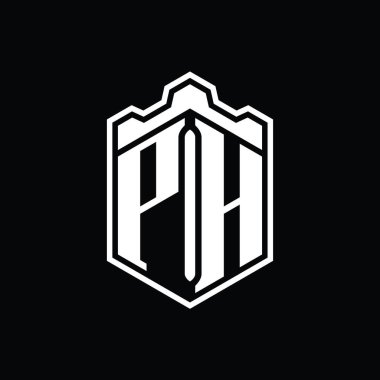 PH Harfi Logosu monogram altıgen kalkanı şeklindeki taç kale geometriği tasarım şablonu.