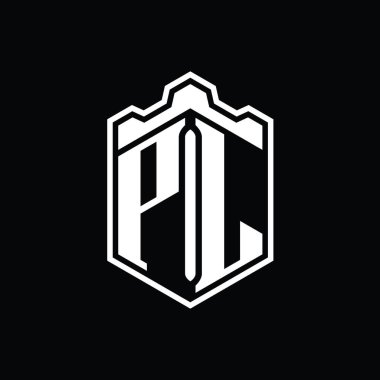 PL Harfi Logosu monogram altıgen kalkanı şeklindeki taç kale geometriği tasarım şablonu