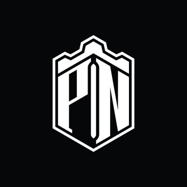 PN Harfli Logo monogram altıgen kalkan şeklindeki taç kale geometriği tasarım şablonu