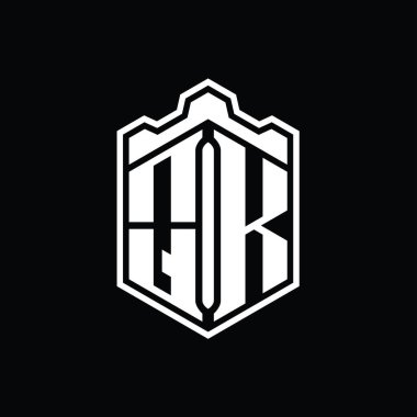 QK Harfi Logo monogramı altıgen kalkanı şekilli taç kale geometriği tasarım şablonu