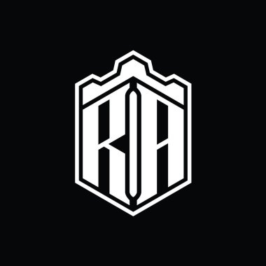 RA Harfi Logosu monogram altıgen kalkanı şekilli taç kale geometriği ana hatlı tasarım şablonu