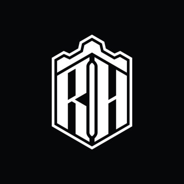 RH Harfi Logosu monogram altıgen kalkanı şeklindeki taç kale geometriği ana hatlı tasarım şablonu
