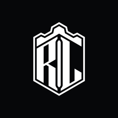 RL Harfi Logosu monogram altıgen kalkanı şeklindeki taç kale geometriği tasarım şablonu