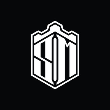 SM Harf Logosu monogram altıgen kalkanı şeklindeki taç kale geometriği ana hatlı tasarım şablonu