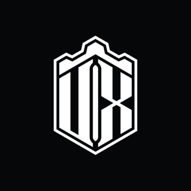 UX Harfi Logosu monogram altıgen kalkanı şeklindeki taç kale geometriği tasarım şablonu
