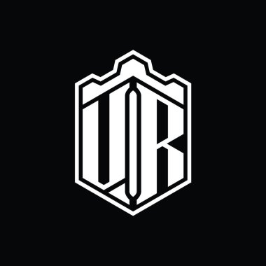 VR Letter Logo monogramı altıgen kalkanı şeklindeki taç kale geometriği ana hatlı tasarım şablonu
