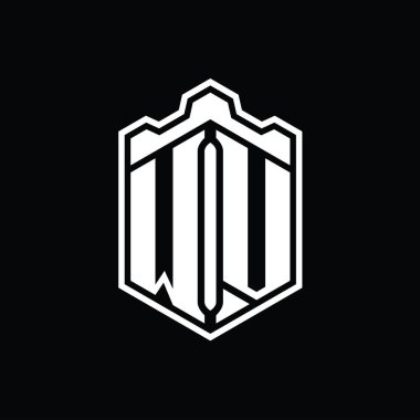 WV Letter Logo monogramı altıgen kalkanı şekilli taç kale geometriği tasarım şablonu