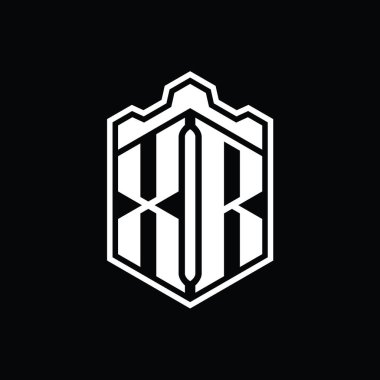 XR Letter Logo monogram altıgen kalkan şeklindeki taç kale geometriği tasarım şablonu