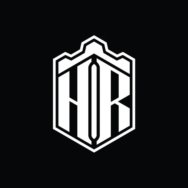 Hr字母Logo六边形盾形冠冕几何图形 带有轮廓样式设计模板 — 图库照片