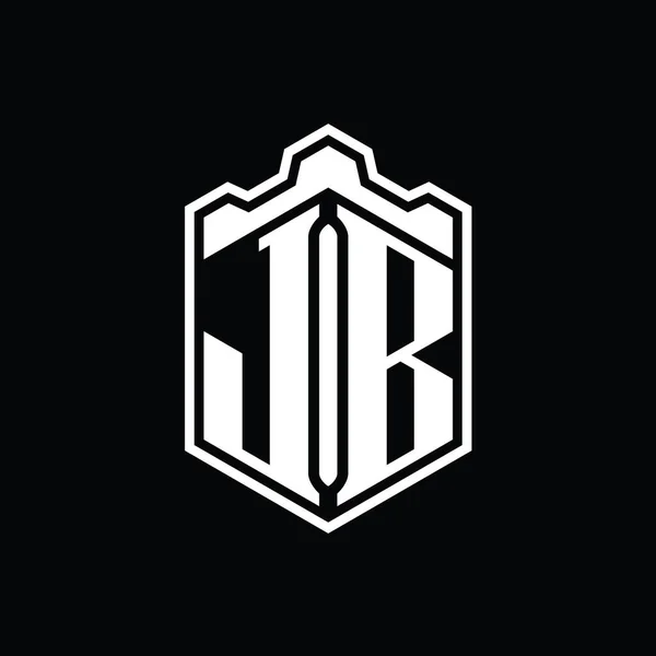JB Letter Logo monogram hexagon shield shape crown castle geometric with outline style design template
