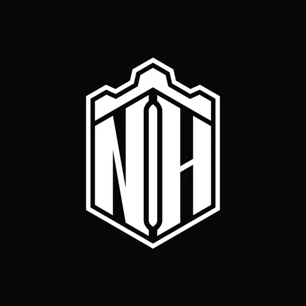 Nh字母Logo六边形盾形冠几何图案 带有轮廓样式设计模板 — 图库照片