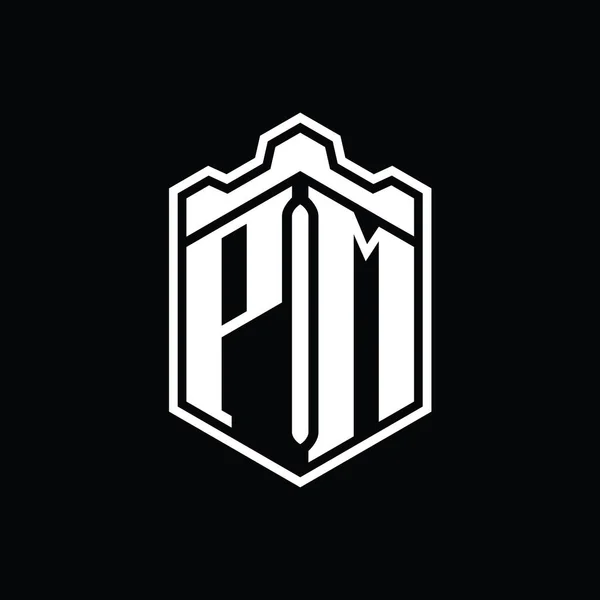 带有轮廓设计模板的Pmletter Logo六边形盾形冠几何图案 — 图库照片