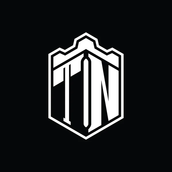 Tn字母Logo六边形盾体冠几何图案 带有轮廓样式设计模板 — 图库照片