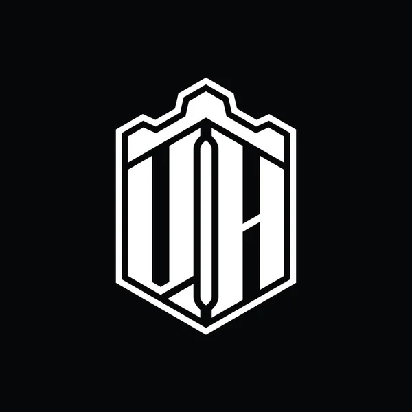 Vh字母Logo六边形盾体冠冕几何图形与轮廓样式设计模板 — 图库照片
