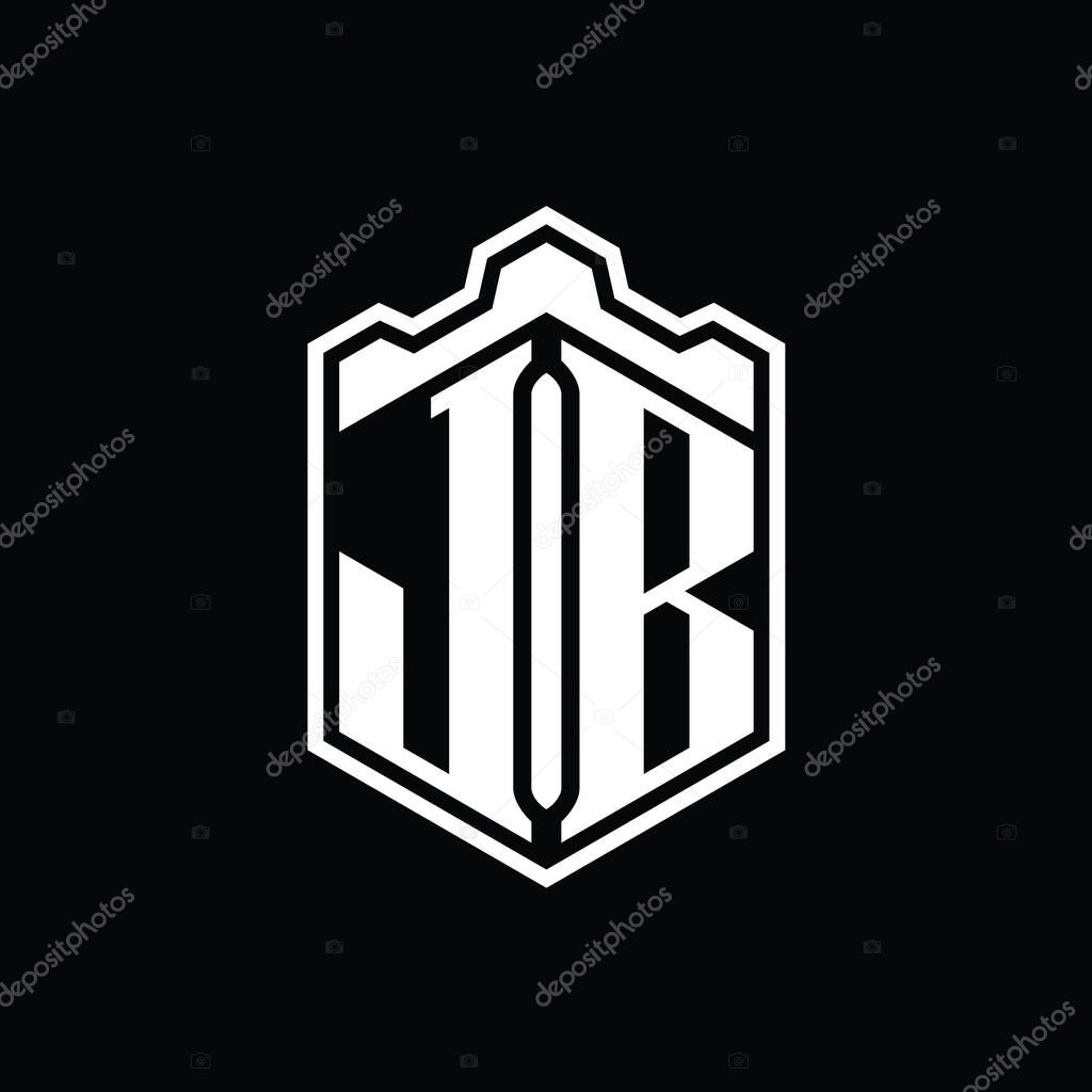 JB Letter Logo monogram hexagon shield shape crown castle geometric with outline style design template