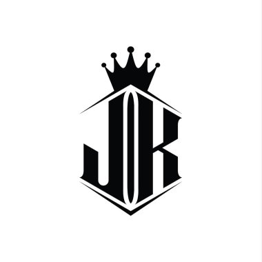 JK Harf Logosu monogram altıgen kalkan şekilli taç keskin stil tasarım şablonu
