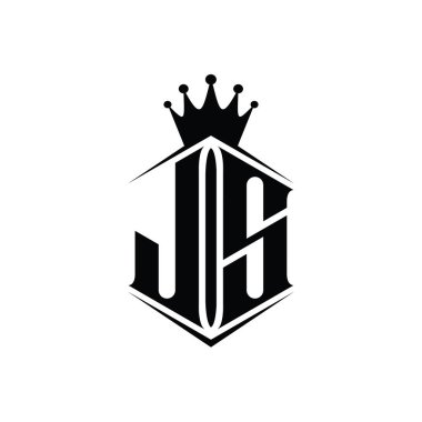JS Letter Logo monogram altıgen kalkan şekilli taç keskin stil tasarım şablonu