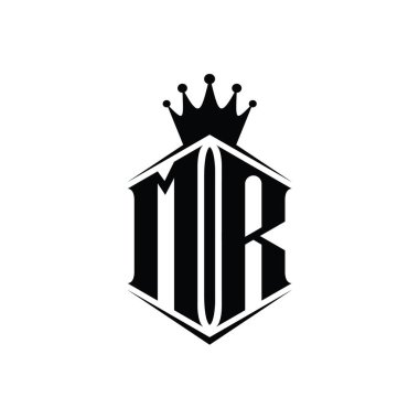 MR Letter Logo monogram altıgen kalkan şekilli taç keskin stil tasarım şablonu