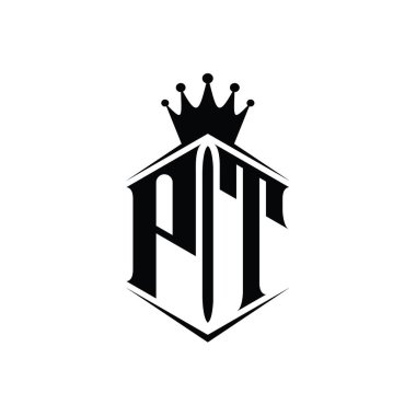 PT Letter Logo monogram altıgen kalkan şekilli taç keskin stil tasarım şablonu