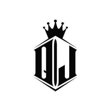 QJ Harfi Logo monogram altıgen kalkan şekilli taç keskin stil tasarım şablonu