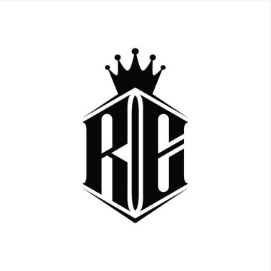 RE Harf Logosu monogram altıgen kalkan şekilli taç keskin stil tasarım şablonu