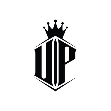 UP Harfi Logosu monogram altıgen kalkan şekilli taç keskin stil tasarım şablonu