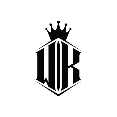 WK Harf Logosu monogram altıgen kalkan şekilli taç keskin stil tasarım şablonu