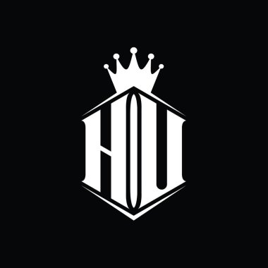 HU Harf Logosu monogram altıgen kalkan şekilli taç keskin stil tasarım şablonu