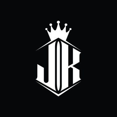 JK Harf Logosu monogram altıgen kalkan şekilli taç keskin stil tasarım şablonu