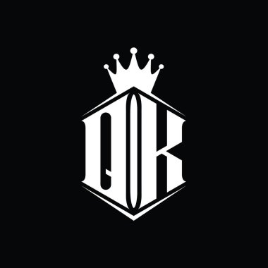 QK Harfi Logo monogram altıgen kalkan biçimli taç keskin stil tasarım şablonu