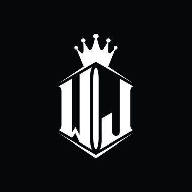 WJ Harf Logosu monogram altıgen kalkan şekilli taç keskin stil tasarım şablonu