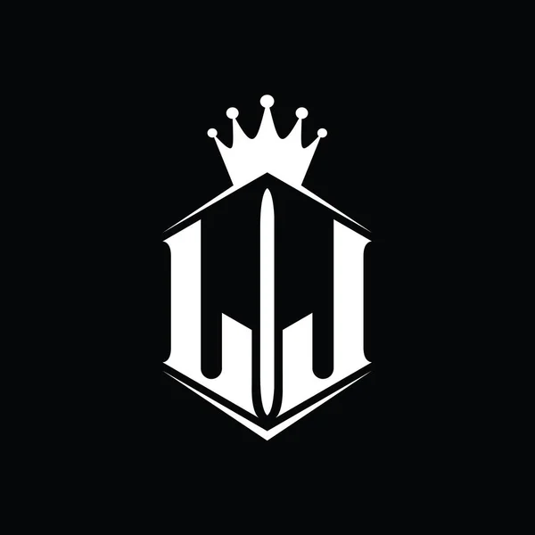 LJ Letter Logo monogram hexagon shield shape crown with sharp style design template