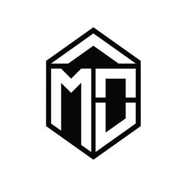 MO Harfi Logo monogramı basit altıgen kalkan şekli izole edilmiş biçim tasarım şablonu