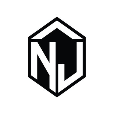 NJ Harfi Logo monogramı basit altıgen kalkan şekli izole biçim tasarım şablonu