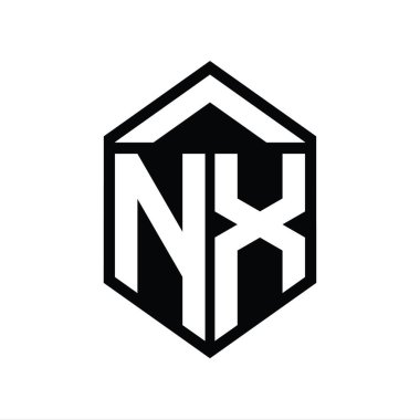 NX Harfi Logo monogramı basit altıgen kalkan şekli izole edilmiş biçim tasarım şablonu